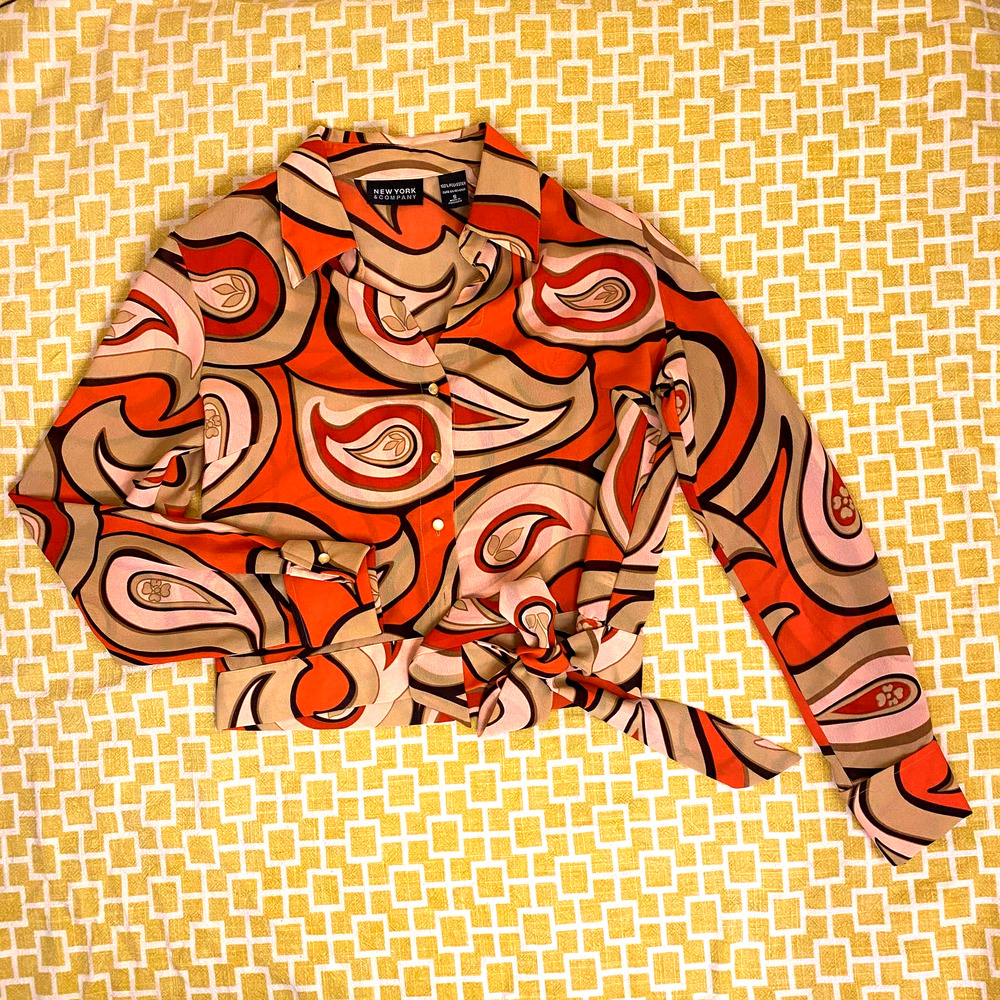 New York and Company Small Sheer Orange, Green & Tan Button Up Patterned Blouse